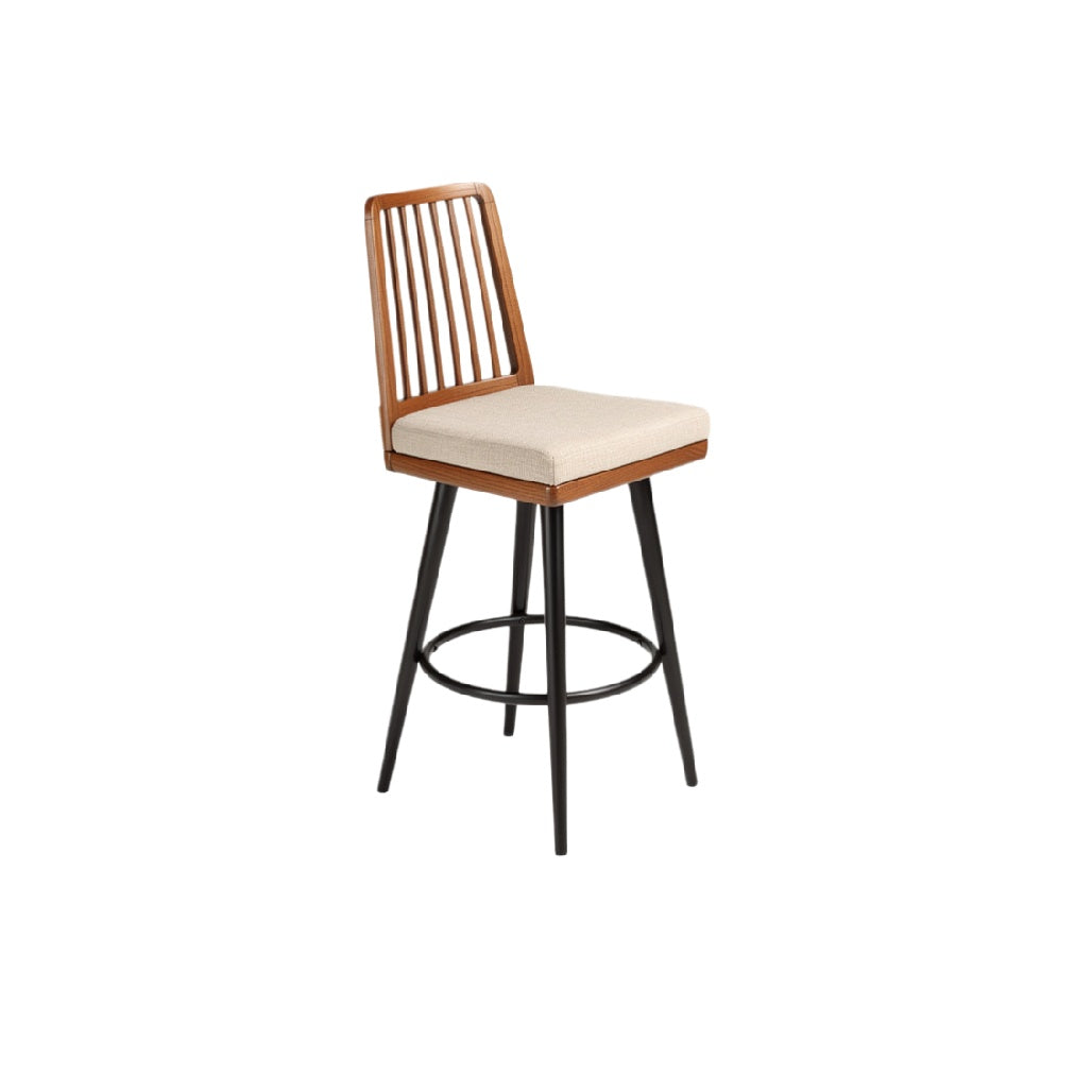 Modern Wooden Bar Stool with Upholstered Seat and Metal Base